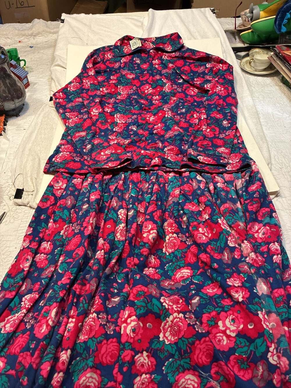 Laura Ashley Vintage Blue Pink Floral Long Sleeve  top and skirt Drop Waist Size